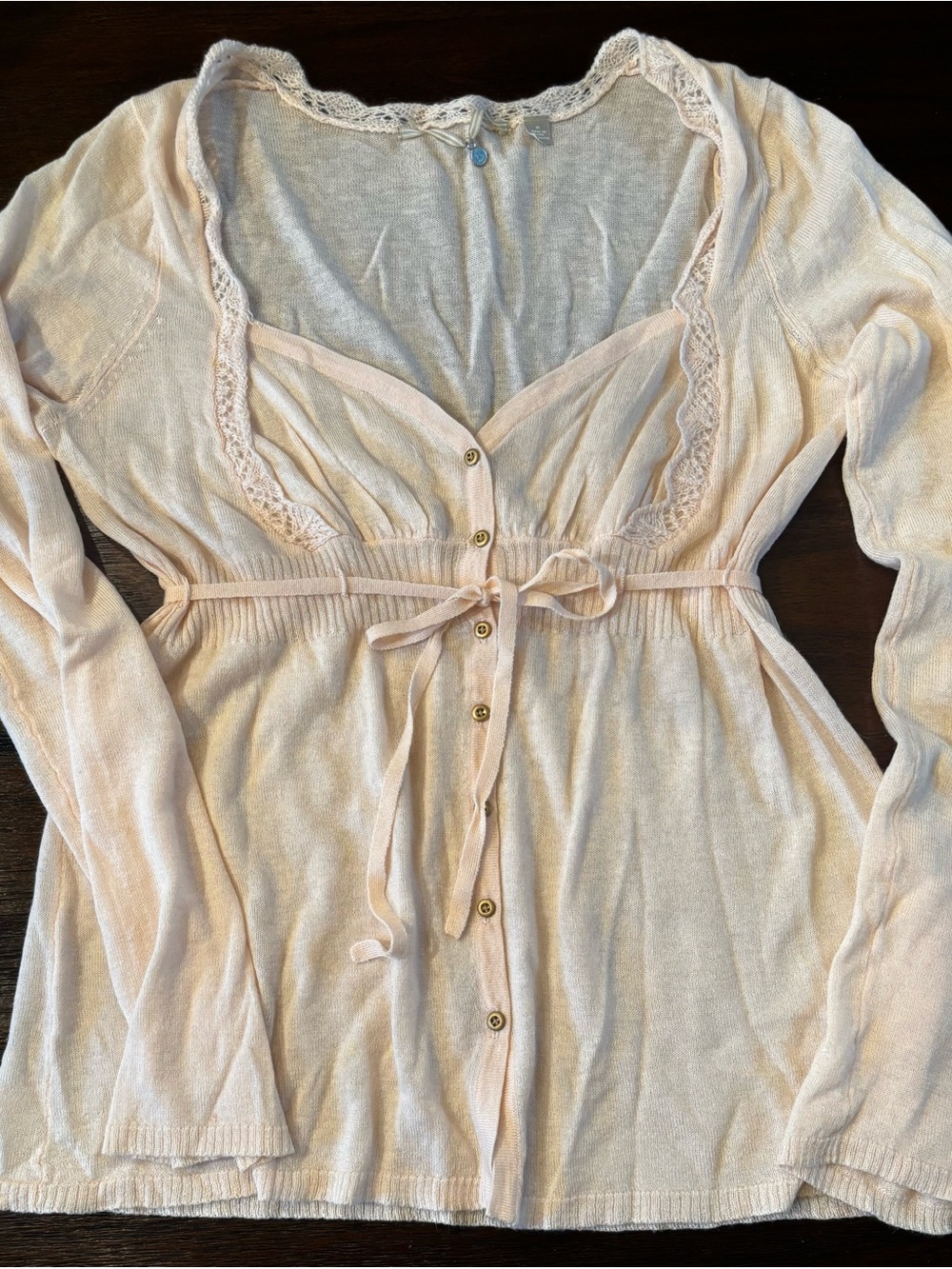 Light Blush Lace-Trim Button Front Women's Cardigan